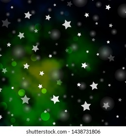 Dark Blue, Green vector template with circles, stars. Glitter abstract illustration with colorful drops, stars. Texture for window blinds, curtains.
