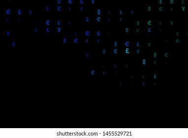 Dark Blue, Green vector template with EUR, JPY, GBP. Abstract illustration with colored financial digital symbols. Best design for your ad, poster, banner of money.