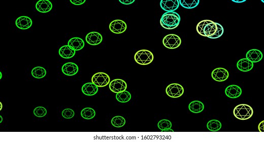 Dark Blue, Green vector template with esoteric signs. Colorful mystic symbols with a gradient in ancient style. Simple design for occult depiction.