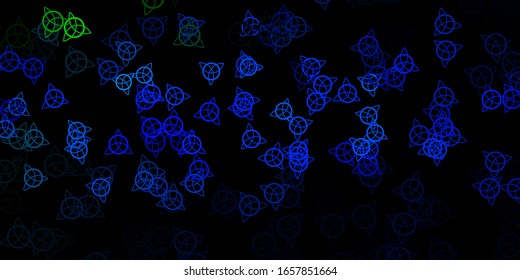 Dark Blue, Green vector template with esoteric signs. Illustration with magical signs of spiritual power. Best design halloween events.