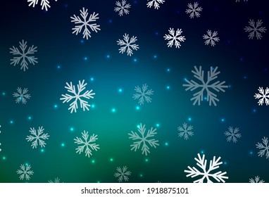 Dark Blue, Green vector template with ice snowflakes, stars. Shining colorful illustration with gradient snow forms. Template for New Year background.