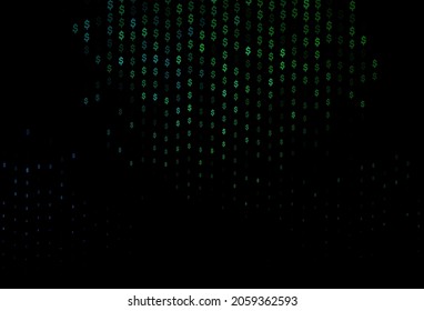 Azul oscuro, plantilla vectorial verde con dólar, USD, ee.uu. Diseño desenfocado con símbolos de dólar, USD, ee.uu. El patrón se puede usar para sitios web de inversión financiera.