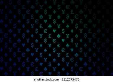 Dark blue, green vector template with poker symbols. Shining illustration with hearts, spades, clubs, diamonds. Template for business cards of casinos.