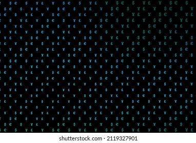 Dark blue, green vector template with EUR, USD, GBP, JPY. Colored symbols of all currency on white background. The pattern can be used for ad, booklets, leaflets of banks.