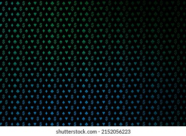 Dark blue, green vector template with poker symbols. Colored illustration with hearts, spades, clubs, diamonds. Design for ad, poster, banner of gambling websites.