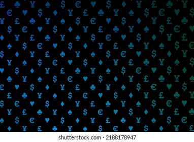 Dark blue, green vector template with poker symbols. Colorful gradient with signs of hearts, spades, clubs, diamonds. Pattern for leaflets of poker games, events.