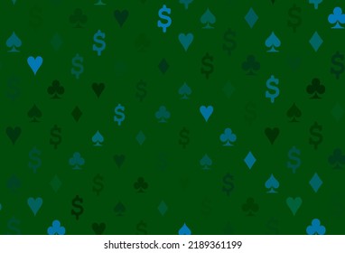 Dark blue, green vector template with poker symbols. Blurred decorative design of hearts, spades, clubs, diamonds. Smart design for your business advert of casinos.