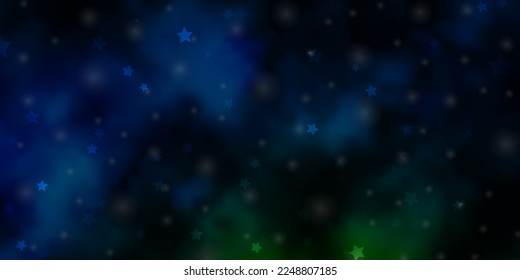 Azul oscuro, plantilla vectorial verde con estrellas de neón. Ilustración colorida en estilo abstracto con estrellas degradadas. Diseño para su promoción comercial.