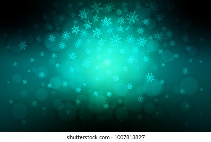 Dark Blue, Green vector texture with colored snowflakes. Blurred decorative design in xmas style with snow. New year design for your ad, poster, banner.