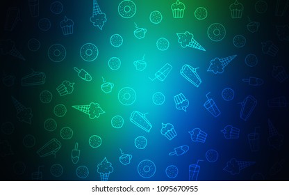 Dark Blue, Green vector texture with sweets, candies. Blurred decorative design of desserts in doodle style. Pattern for menu of cafes and restaurants.