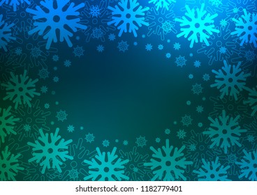 Dark Blue, Green vector texture with colored snowflakes. Blurred decorative design in xmas style with snow. New year design for your ad, poster, banner.