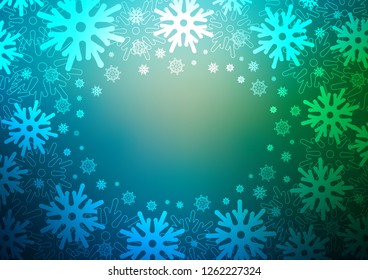 Dark Blue, Green vector texture with colored snowflakes. Modern geometrical abstract illustration with crystals of ice. The template can be used as a new year background.