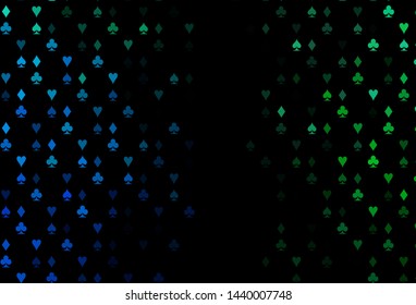 Dark Blue, Green vector texture with playing cards. Illustration with set of hearts, spades, clubs, diamonds. Pattern for ads of parties, events in Vegas.