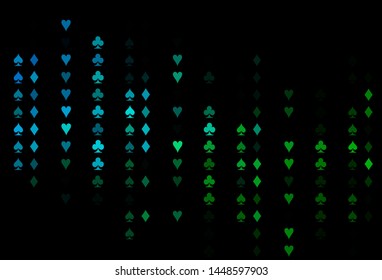 Dark Blue, Green vector texture with playing cards. Blurred decorative design of hearts, spades, clubs, diamonds. Pattern for booklets, leaflets of gambling houses.
