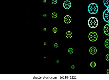 Dark Blue, Green vector texture with religion symbols. Colorful vintage illustration with gradient alchemy shapes. Simple design for occult depiction.