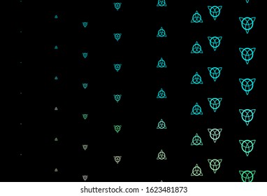 Dark Blue, Green vector texture with religion symbols. Colorful vintage illustration with gradient alchemy shapes. Simple design for occult depiction.