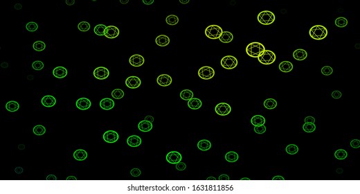 Dark Blue, Green vector texture with religion symbols. Colorful vintage illustration with gradient alchemy shapes. Simple design for occult depiction.