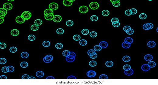 Dark Blue, Green vector texture with religion symbols. Colorful mystic symbols with a gradient in ancient style. Design for magic, spiritual events.