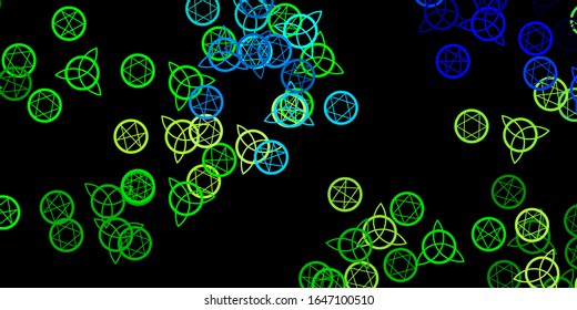 Dark Blue, Green vector texture with religion symbols. Colorful vintage illustration with gradient alchemy shapes. Simple design for occult depiction.