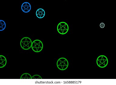 Azul oscuro, textura vectorial verde con símbolos religiosos. Coloridos símbolos místicos con un degradado de estilo antiguo. Antecedentes para diseños esotéricos y místicos.
