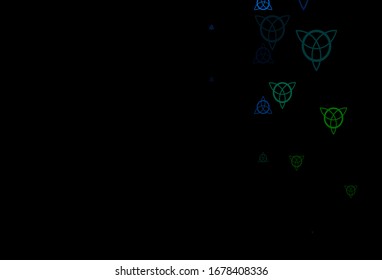 Dunkelblau, grüne Vektorstruktur mit religiösen Symbolen. Farbige Vintage-Illustration mit Farbverlauf-Alchemie-Formen. Hintergrund für esoterische, mystische Designs.