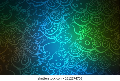 Azul oscuro, textura vectorial verde con deliciosos aperitivos. Ilustración con un conjunto de alimentos frescos en forma de doodle. Diseño de Doodle para tu anuncio de negocios de cafés.