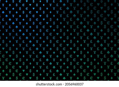 Dark blue, green vector texture with playing cards. Illustration with set of hearts, spades, clubs, diamonds. Smart design for your business advert of casinos.