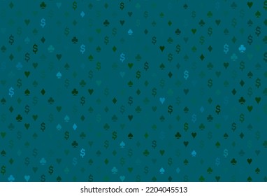 Dark blue, green vector texture with playing cards. Illustration with set of hearts, spades, clubs, diamonds. Template for business cards of casinos.