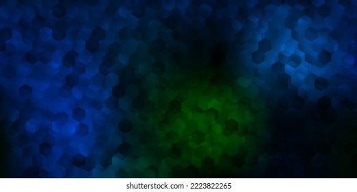 Textura vectorial verde azul oscuro con hexágonos coloridos. Resumen de hexágonos de gradiente colorido sobre fondo borroso. Diseño para las páginas de inicio.