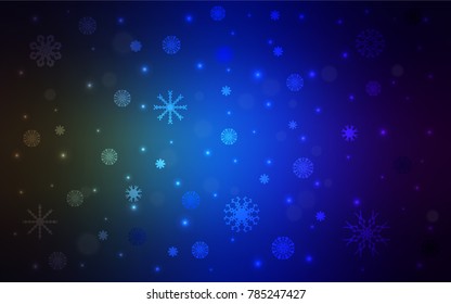 Dark Blue, Green vector texture with colored snowflakes. Snow on blurred abstract background with gradient. The pattern can be used for year new  websites.