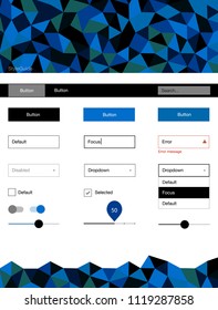 Dark Blue, Green vector ui kit in polygonal style. Web ui kit with abstract gradient triangles in its header. Simple colorful design for websites.