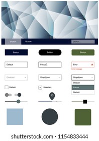 Dark Blue, Green vector ui kit in polygonal style. Ui Ux kit with colorful polygonal background in its header. This sample is for your landing page.