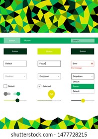 Dark Blue, Green vector ui kit in polygonal style. Web ui kit with abstract gradient triangles in its header. This template you can use for landing pages.