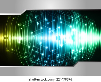 Dark blue green yellow Light Abstract Technology background for computer graphic website and internet, circuit board. Sound waves.