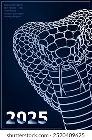 Dark blue greeting card for 2025 Lunar New Year or Christmas, celebrating the Year of the Snake. Invitation poster with silver linear head of King Cobra snake (Chinese horoscope sign)