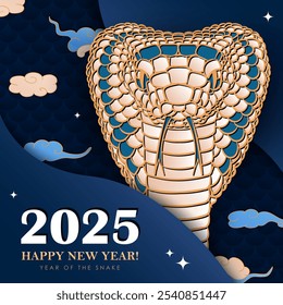 Dark blue greeting card for 2025 Lunar New Year of the Snake or Christmas. Invitation poster with hand draw King Cobra and layered paper cut Asian clouds, stars, reptile scales. Paper art concept