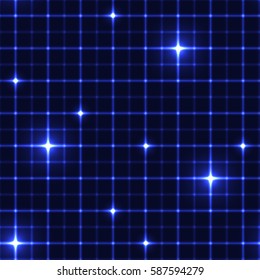 Dark blue grid with shining points. Laser net with glow intersects on blue dark background. Seamless pattern with blue neon regular lines and light cross.