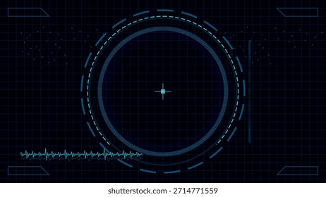 Una pantalla Heads-Up Display (HUD) basada en cuadrícula de color azul oscuro presenta una retícula de orientación central, lecturas de datos circulares concéntricas y una forma de onda digital. Este gráfico evoca una sensación de tecnología avanzada y operaciones tácticas.