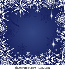 Dark blue grunge background with  snowflakes and frosty patterns