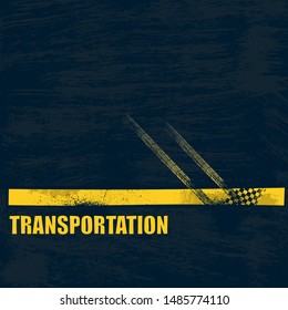 Dark blue grunge road background with yellow line and tire tracks