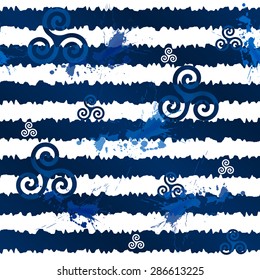 Dark blue grunge stripes with celtic triskels, vector seamless pattern