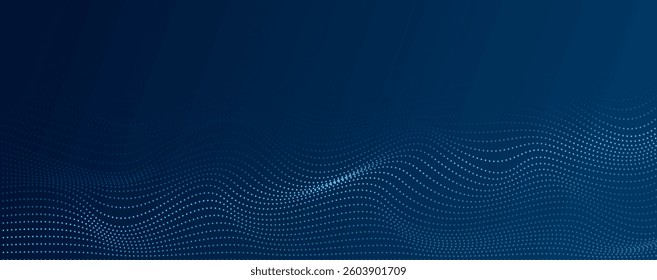 Dark blue halftone dotted abstract background with futuristic big data patterns. Glowing particles create a dynamic waveform texture, perfect for technology, music, and digital visualizations.