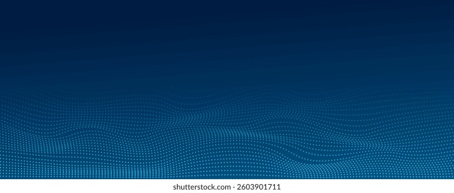 Dark blue halftone dotted abstract background with futuristic big data patterns. Glowing particles create a dynamic waveform texture, perfect for technology, music, and digital visualizations.