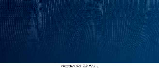 Dark blue halftone dotted abstract background with futuristic big data patterns. Glowing particles create a dynamic waveform texture, perfect for technology, music, and digital visualizations.
