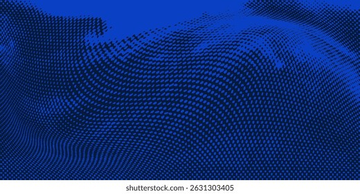 Dark blue halftone dotted abstract background, big data pattern, technology or futuristic visualization, waveform dot texture, music backdrop. ,Beautiful movement with glowing blurred particles.