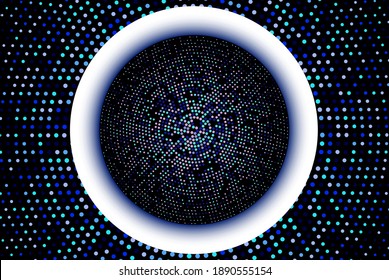 Dark blue halftone geometric circles, shapes. Interesting mosaic banner. Geometric background with colored discs.