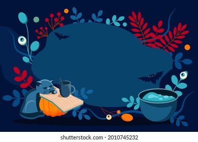 Dark blue Halloween background. A frame wih a pumpkin, a cat, a book, bats, leaves and eyes. Vector illustration