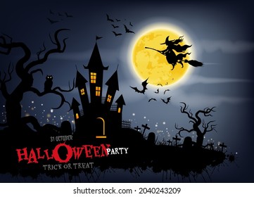 Dark blue halloween background. Night on the fall with full moon and owl perched on a branch,haunted house, many crosses and gravestone in dark forest. with witch fly bats. Vector Illastration