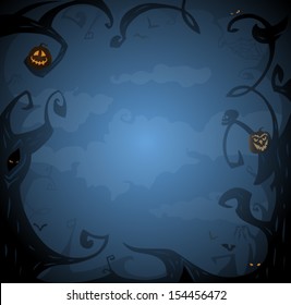 Dark blue halloween background with place for text. Trees, clouds, bats, scary branches in twilight. Pumpkins with orange light from eyes. Vector horror frame with blank space for invitation