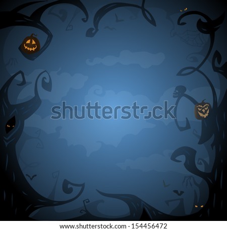 Dark blue halloween background with place for text. Trees, clouds, bats, scary branches in twilight. Pumpkins with orange light from eyes. Vector horror frame with blank space for invitation